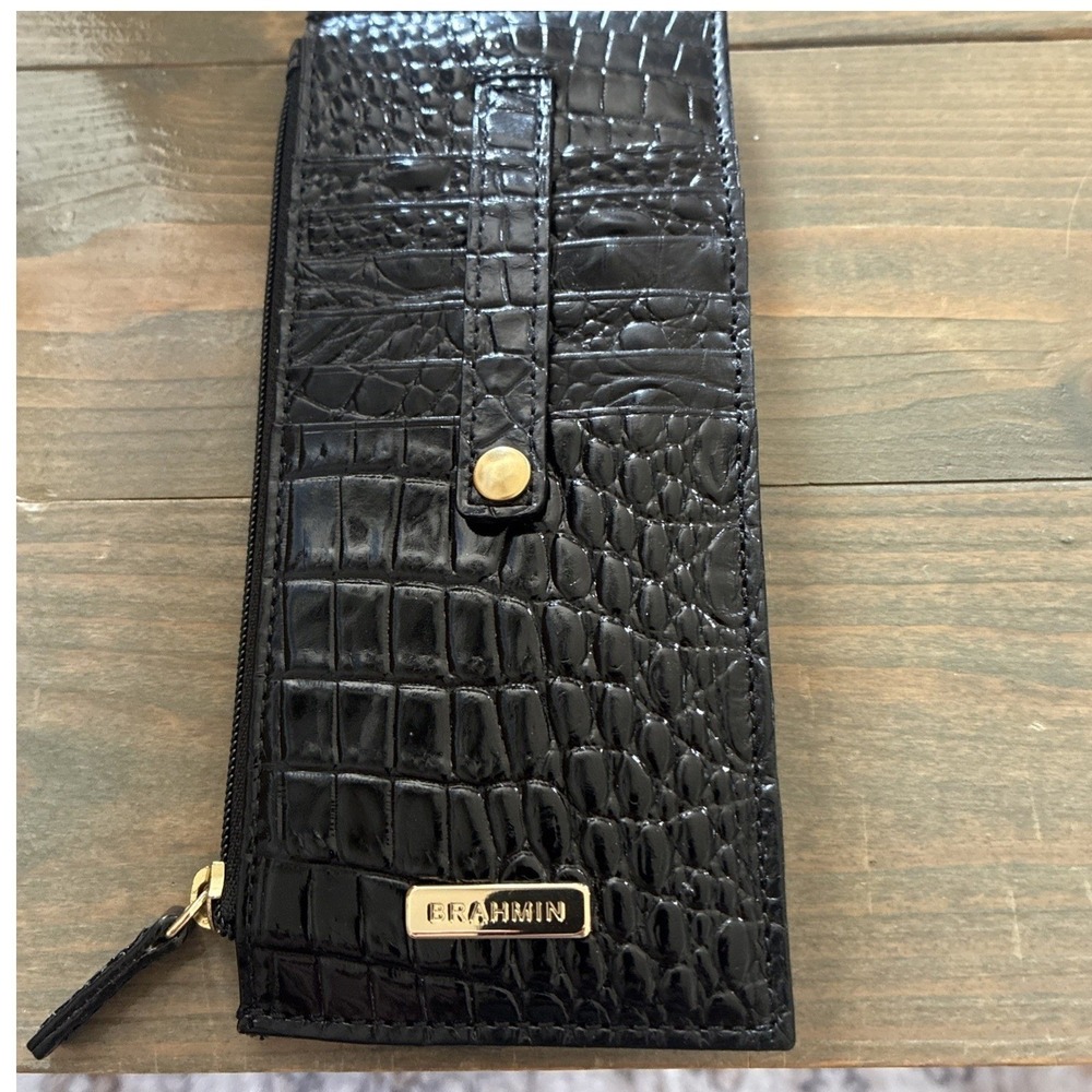 Brahmin Women's Black Crocodile Pattern Zip Wallet w/ Logo Credit Card - Picture 8 of 8